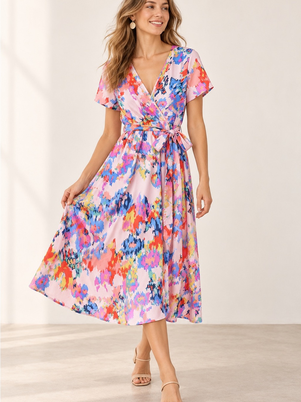 Floral Pink Faux Wrap Midi Dress with Tie Waist - Picture 2 of 4